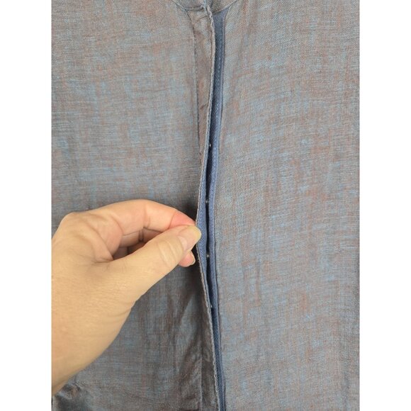 Flax Blue Linen Jumpsuit M Wide Leg Ruffle Snap Front Sleeveless Lagenlook - Picture 3 of 8